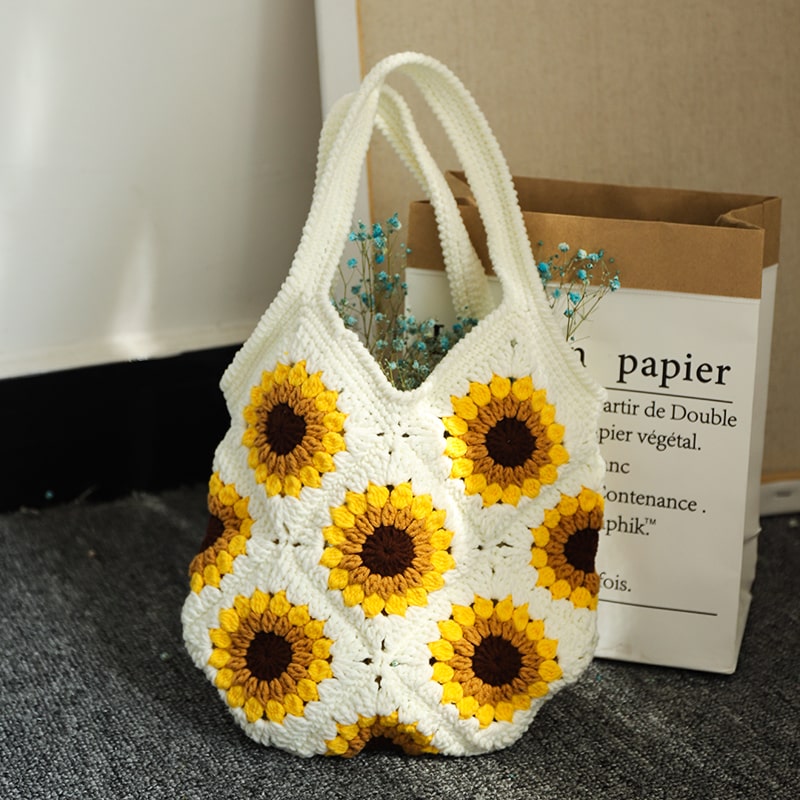 Hand-Knitted Sunflower Shoulder Bag in Wool-2yzshop