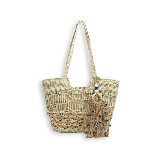 Beach Hollow Cat Eye Tassel Pendant Handmade Straw Tote Bag-2yzshop