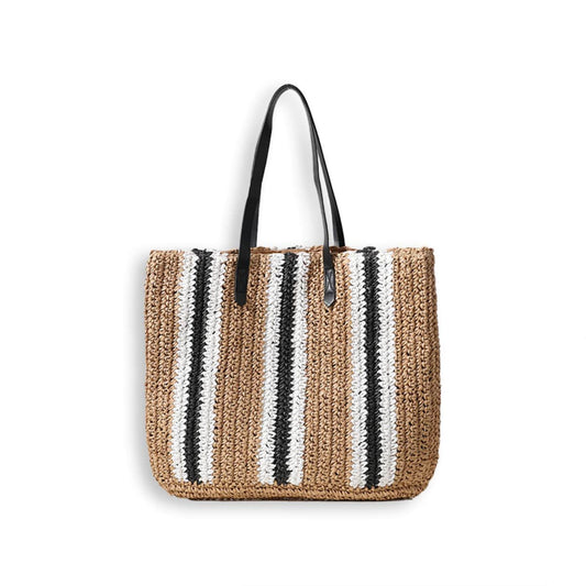 Stripe-Patterned Straw Tote Bag-2yzshop