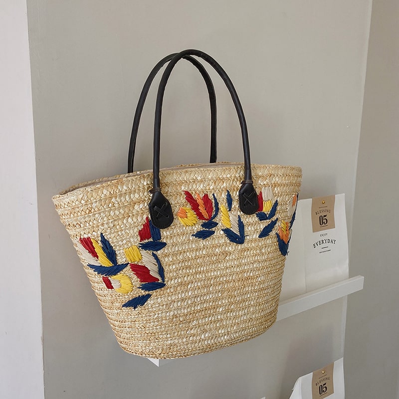 Embroidered Wicker Tote Bag-2yzshop