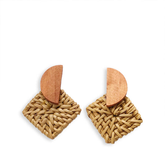 Square Rattan Wooden Semi-Circular Earrings-2yzshop