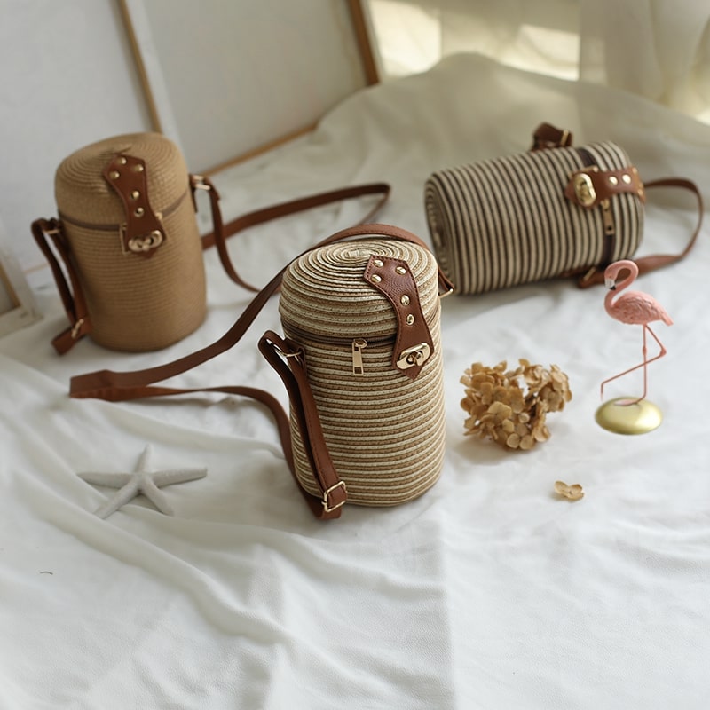 Straw Woven Round Barrel Crossbody Bag-2yzshop