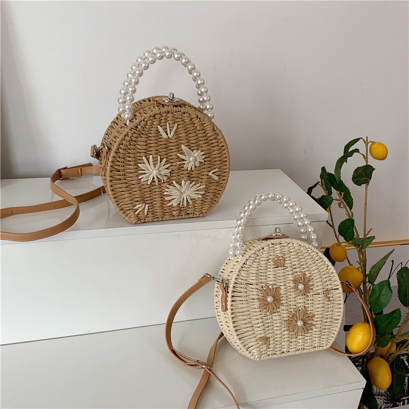 Embroidered Pearl  Straw Crossbody Bag-2yzshop