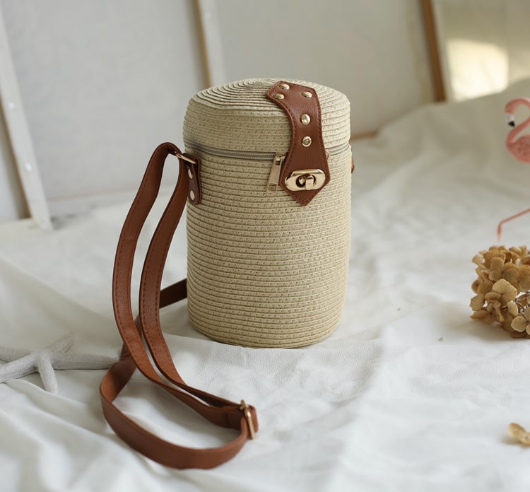 Straw Woven Round Barrel Crossbody Bag-2yzshop