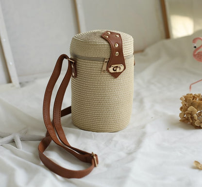 Straw Woven Round Barrel Crossbody Bag-2yzshop