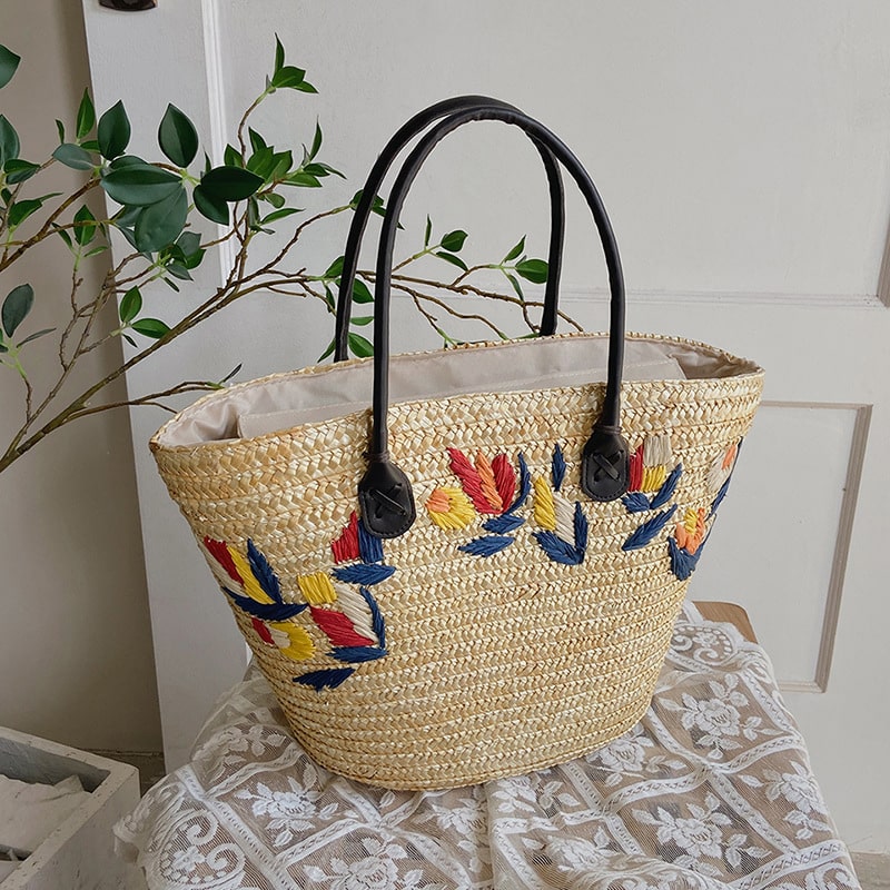 Embroidered Wicker Tote Bag-2yzshop