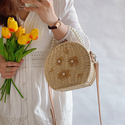 Embroidered Pearl  Straw Crossbody Bag-2yzshop