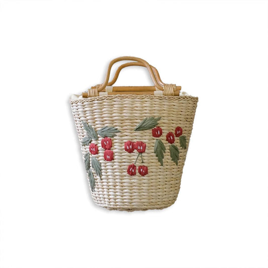 Wooden Handle Cherry Embroidered Straw Handbag-2yzshop