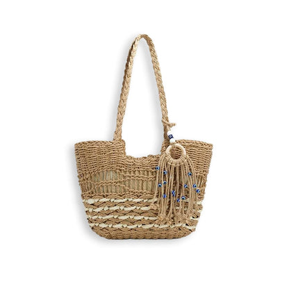 Beach Hollow Cat Eye Tassel Pendant Handmade Straw Tote Bag-2yzshop