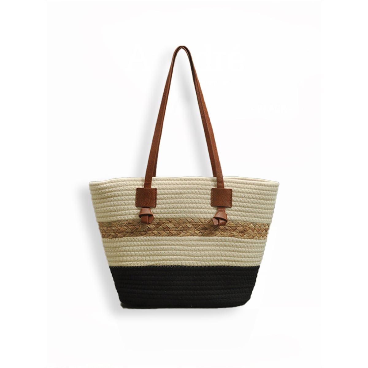 Colorblock Leather Handle Cotton HandmadeTote Bag