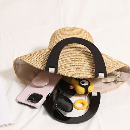 Creative Hat-Shaped Beach Black Handle Straw Handbag