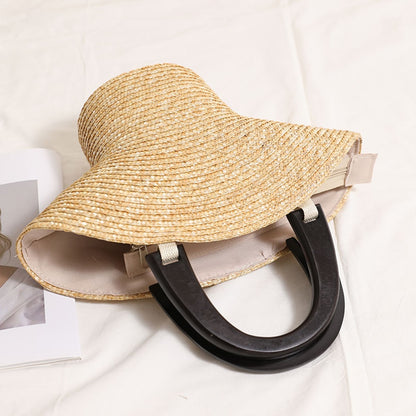 Creative Hat-Shaped Beach Black Handle Straw Handbag