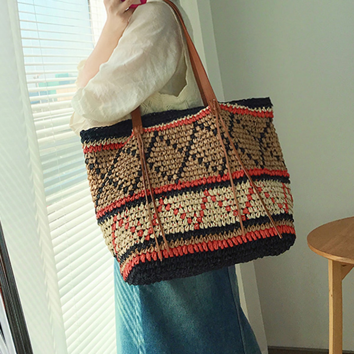 Ethnic-Style Straw Tote Bag-2yzshop