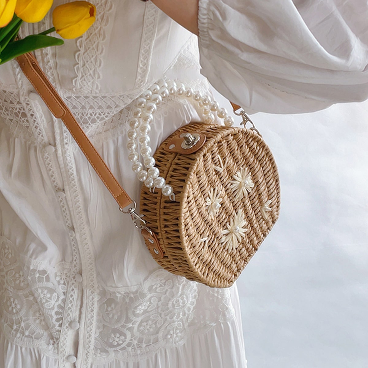 Embroidered Pearl  Straw Crossbody Bag-2yzshop