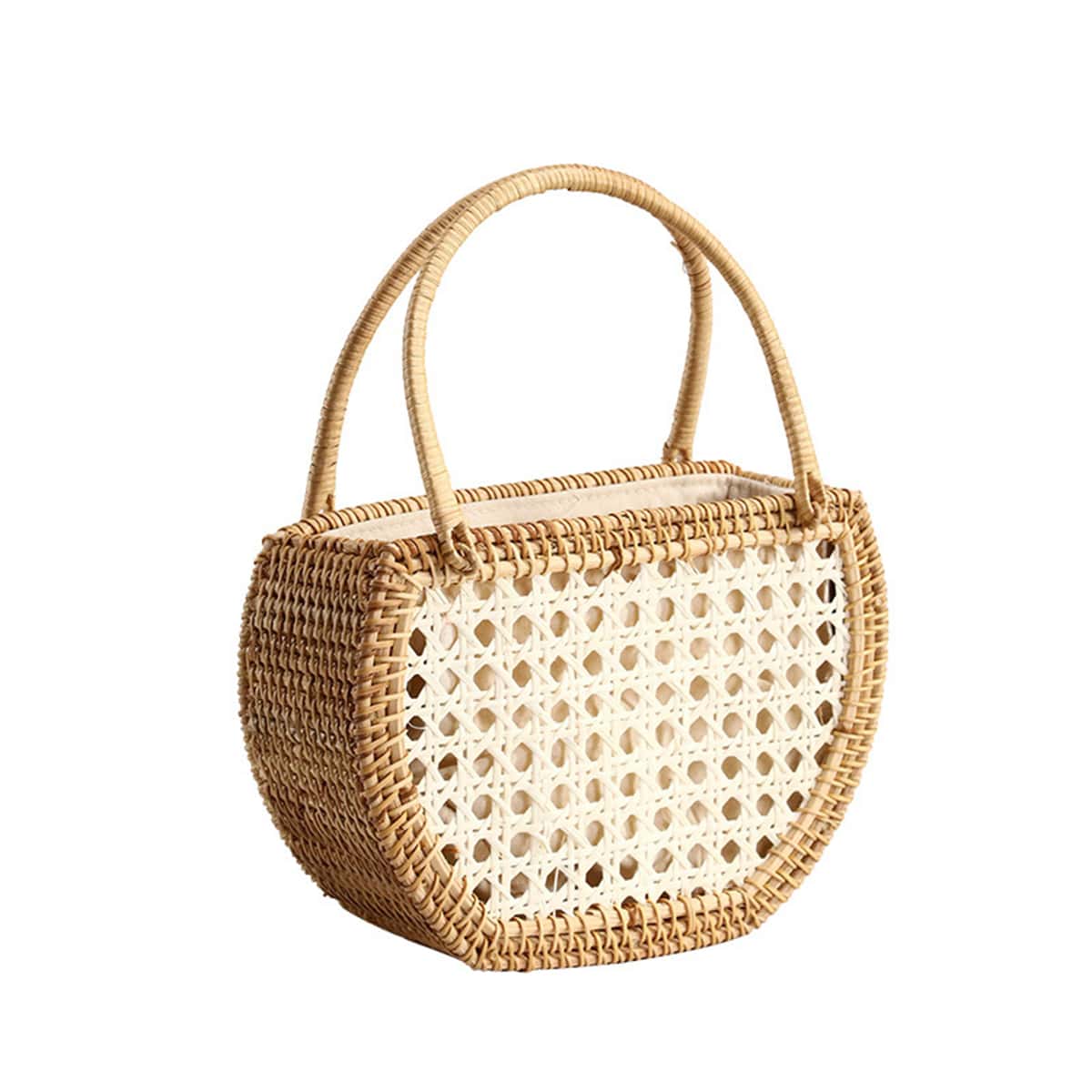 Luxurious Vintage Round Handle Rattan Lattice Straw Handbag