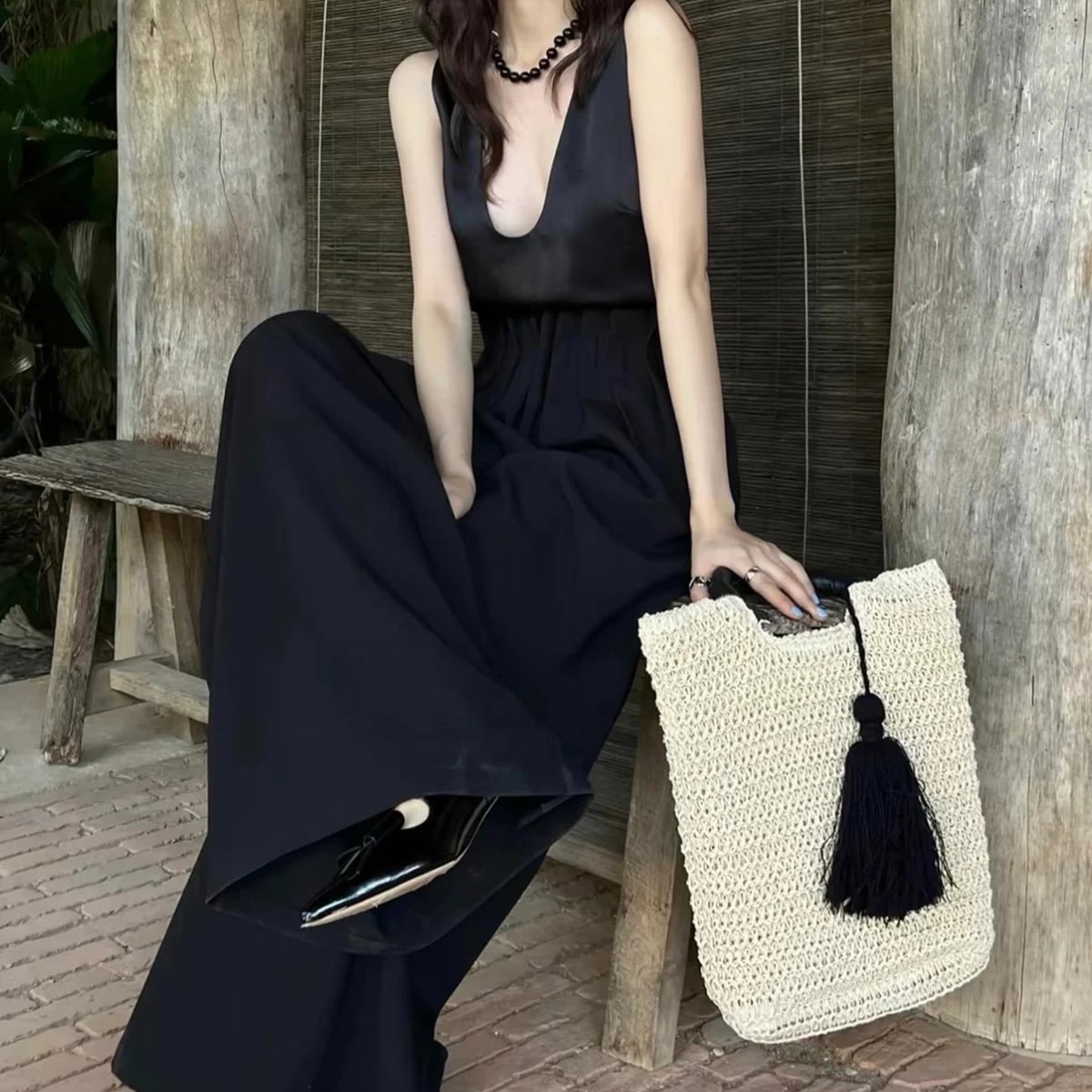 Fringe-Trimmed Woven Handbag-2yzshop