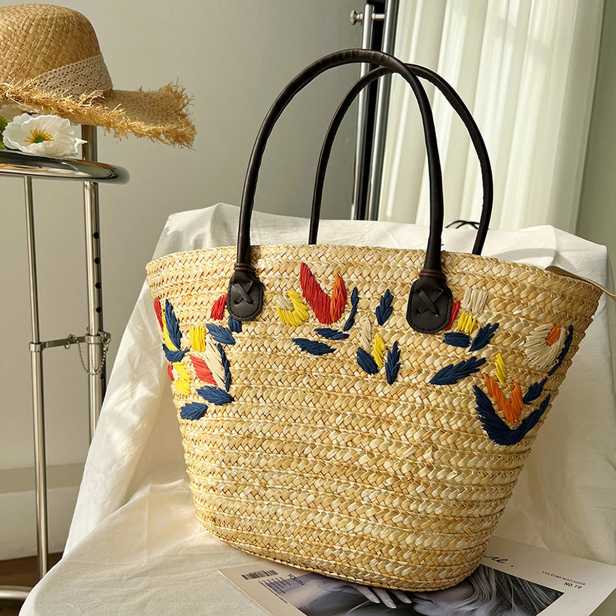 Embroidered Wicker Tote Bag-2yzshop