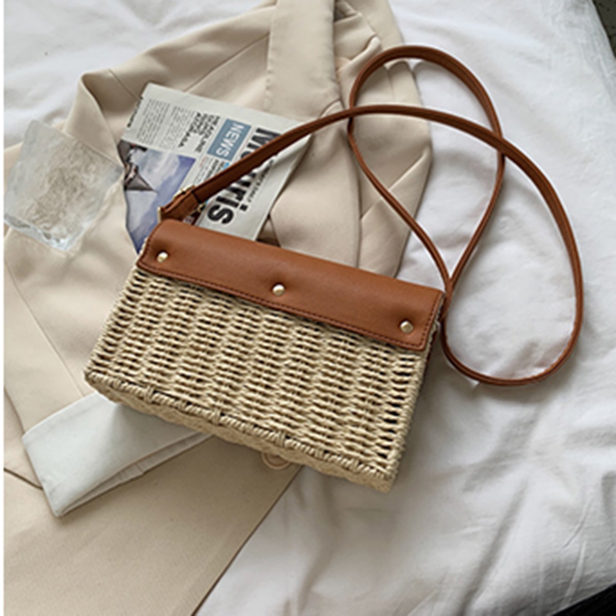 Square Lock Straw Crossbody Bag-2yzshop