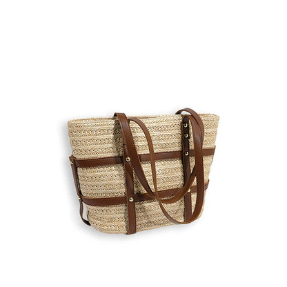 Beach Studded Leather Handle Straw Shoulder Bag-2yzshop