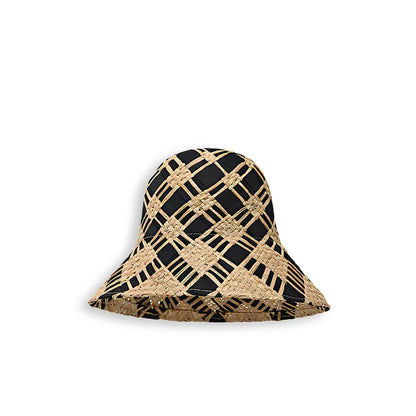 Checkered Pattern Handwoven Natural Straw Bucket  Hat-2yzshop