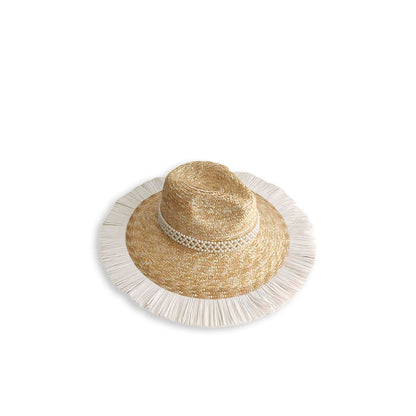 Pearl-Embellished Natural Wheat Straw Panama Hat-2yzshop