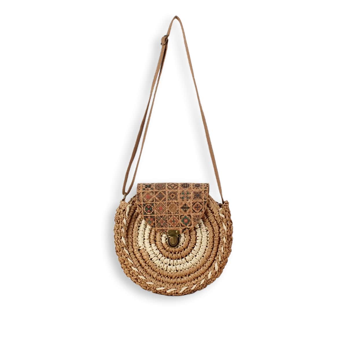 Ethnic Style Round Straw Crossbody Bag-2yzshop