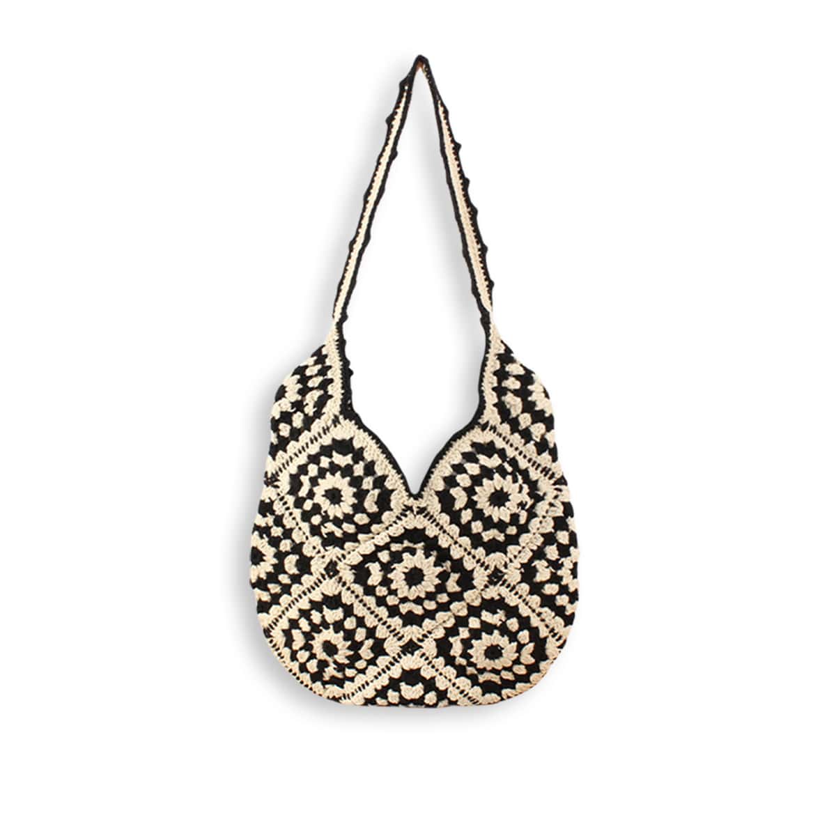 Black Floral Hand-crocheted Shoulder Bag