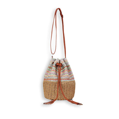 Natural Rainbow Striped Handmade Straw Crossbody Bucket Bag