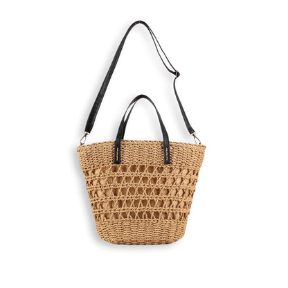 Leather-Strap Openwork Straw Handbag-2yzshop