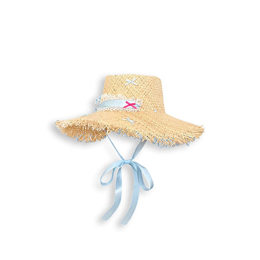 French Light Blue Tassel Edge Bowknot  Floppy Straw Hat-2yzshop