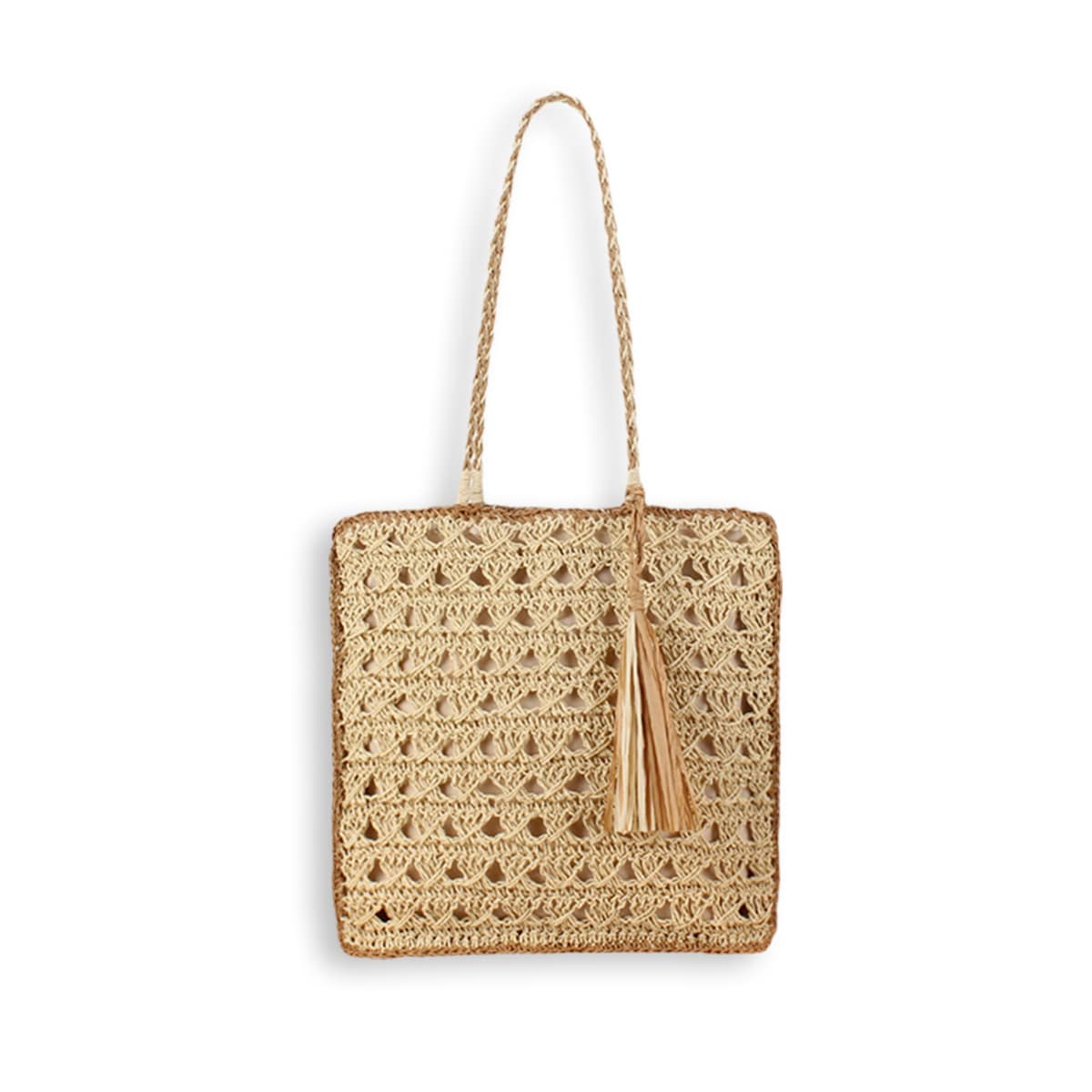 Square Tassel Openwork Straw Shoulder Bag-2yzshop