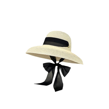 Elegance Bowknot Long Ribbon Bucket Straw Hat