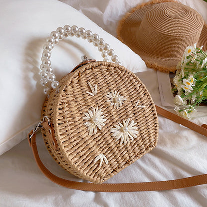 Embroidered Pearl  Straw Crossbody Bag-2yzshop