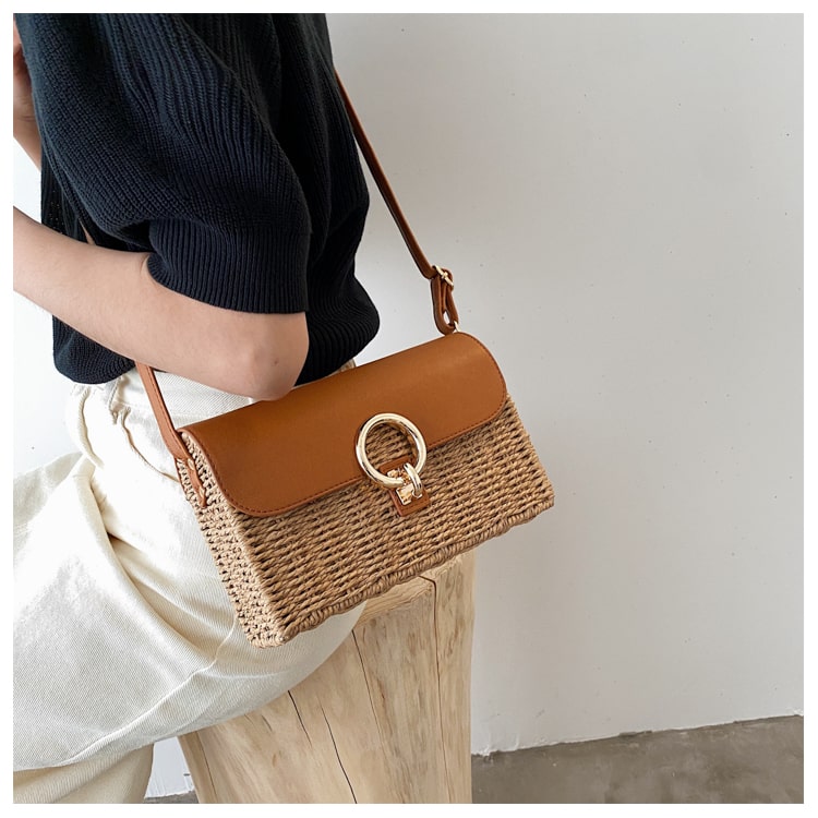 Square Lock Straw Crossbody Bag-2yzshop