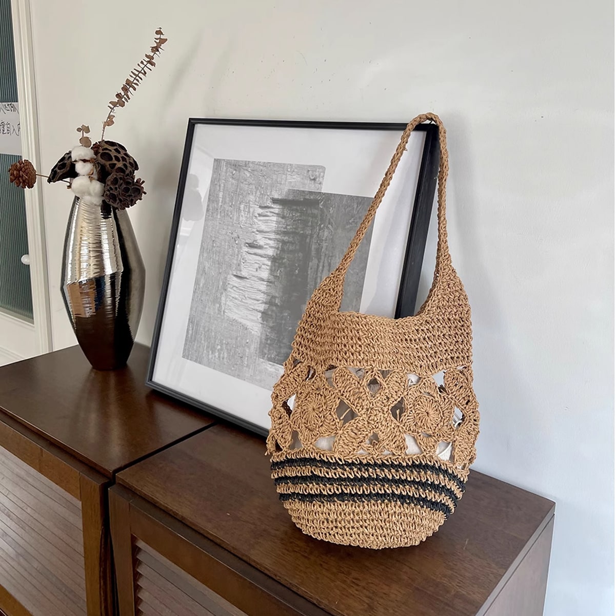 Open-Weave Rattan Shoulder Bag-2yzshop