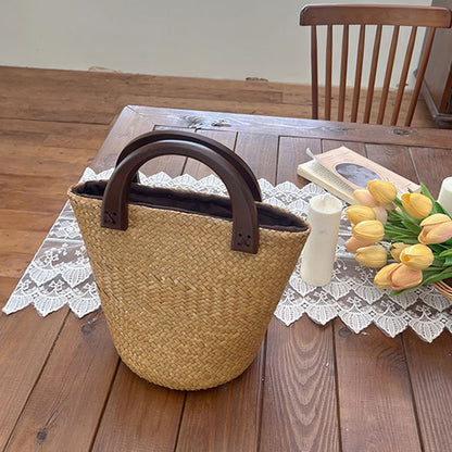 Wooden-Handled Bucket Wicker Tote Bag-2yzshop