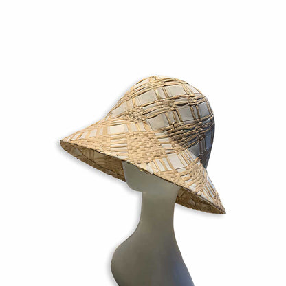 Checkered Pattern Handwoven Natural Straw Bucket  Hat-2yzshop