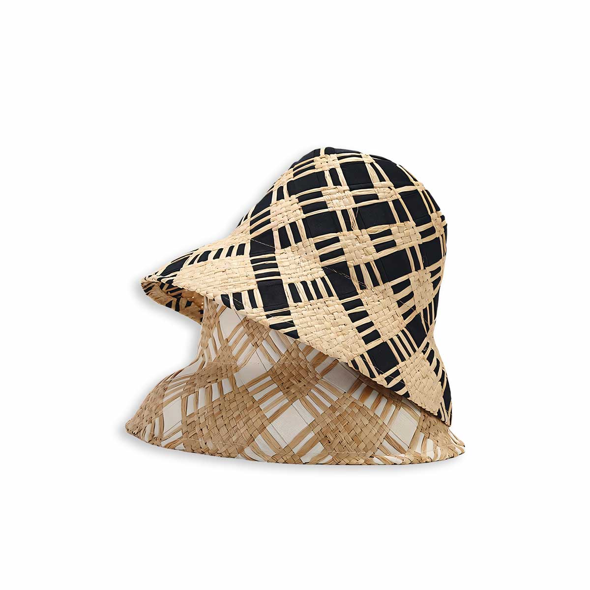 Checkered Pattern Handwoven Natural Straw Bucket  Hat-2yzshop