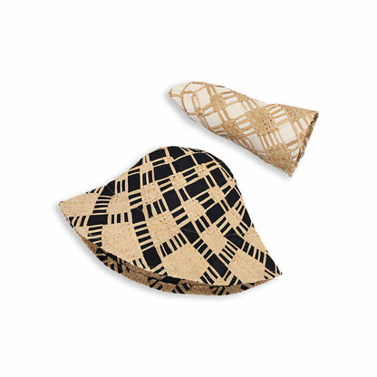 Checkered Pattern Handwoven Natural Straw Bucket  Hat-2yzshop