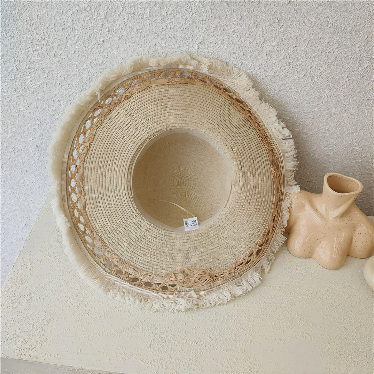 Ragged Edge Tassel-Trimmed Openwork Handcrafted Floppy Straw Hat-2yzshop