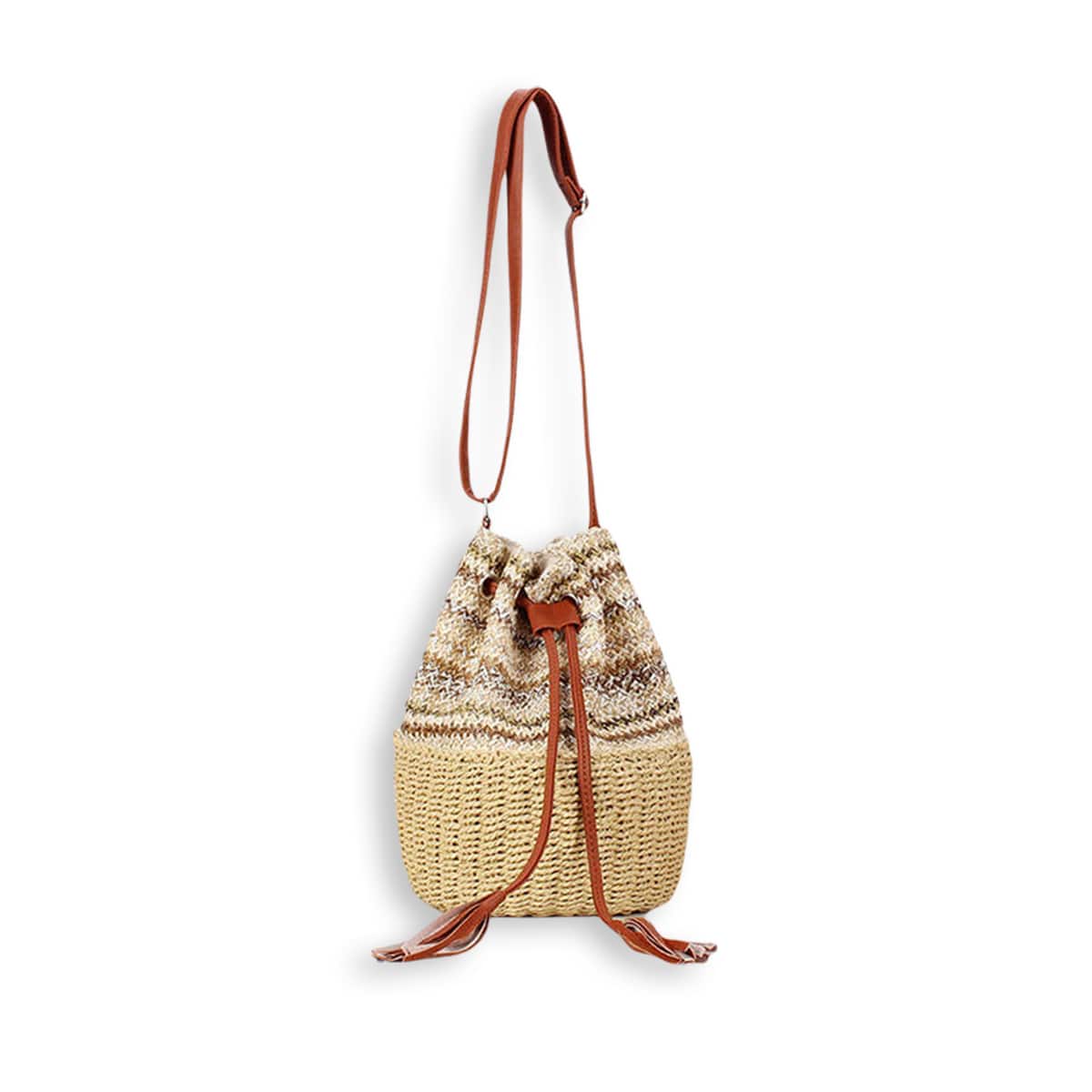 Natural Rainbow Striped Handmade Straw Crossbody Bucket Bag