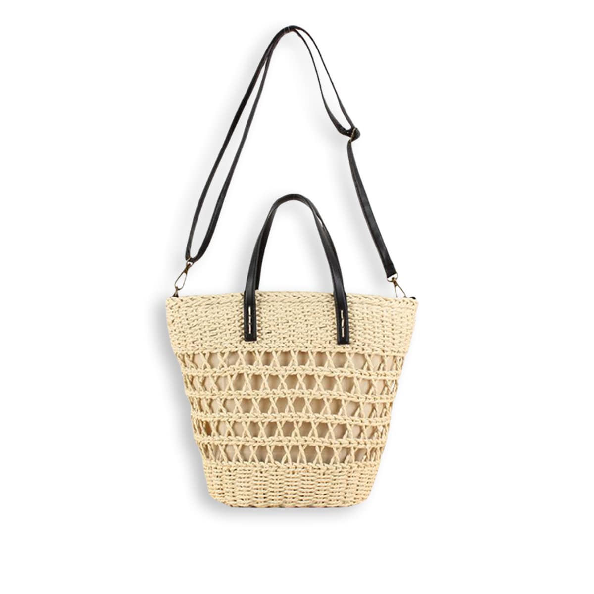 Leather-Strap Openwork Straw Handbag-2yzshop