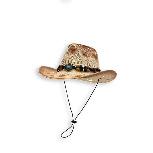 Ethnic Style Beaded Straw Cowboy Hat-2yzshop