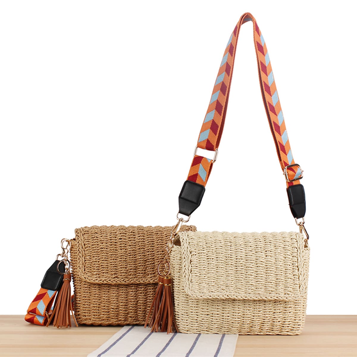 Sweet Orange Straps Tassel Handmade Straw Crossbody Bag