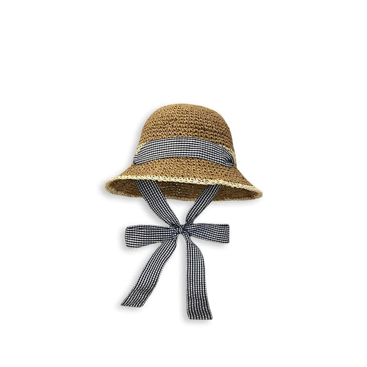 French-Style Openwork Bow-Tied Handwoven Natural  Floppy Straw Hat-2yzshop