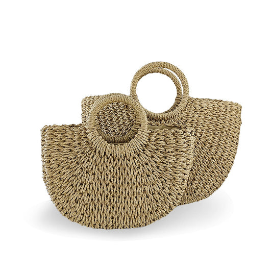 Semi-Circular Handle Natural Straw Handbag