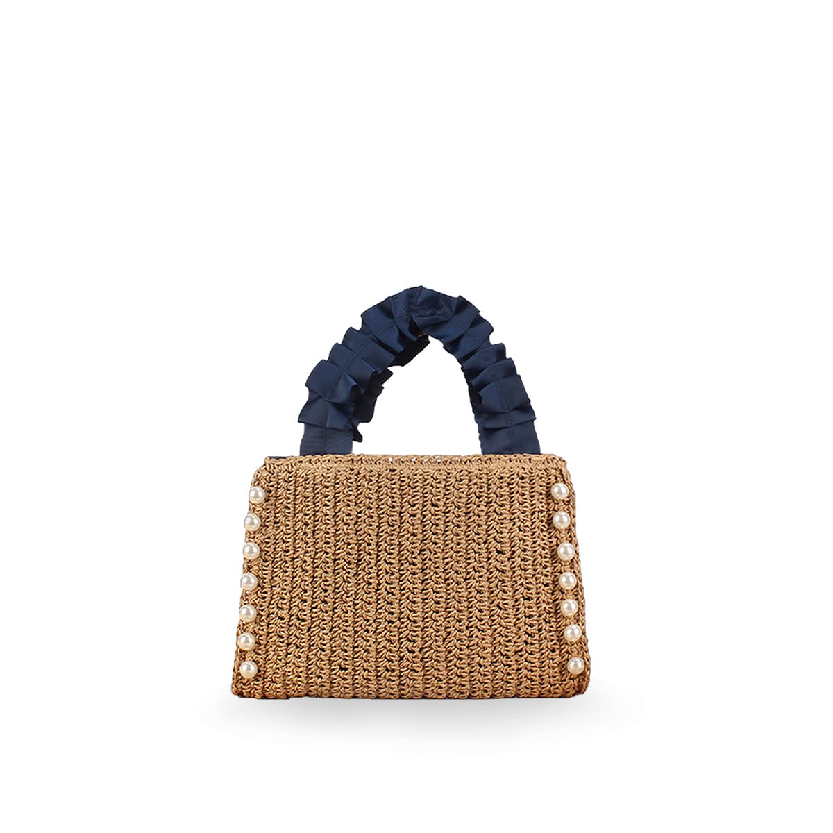 Handwoven Straw Pearl  Lace Ribbon Handbag