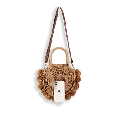 Straw Woven Round Ball Tassel Handbag -2yzshop