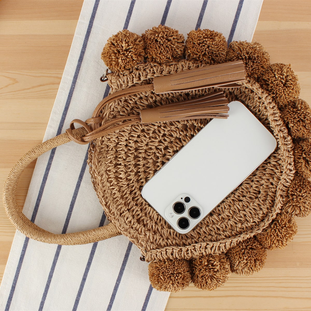 Straw Woven Round Ball Tassel Handbag -2yzshop