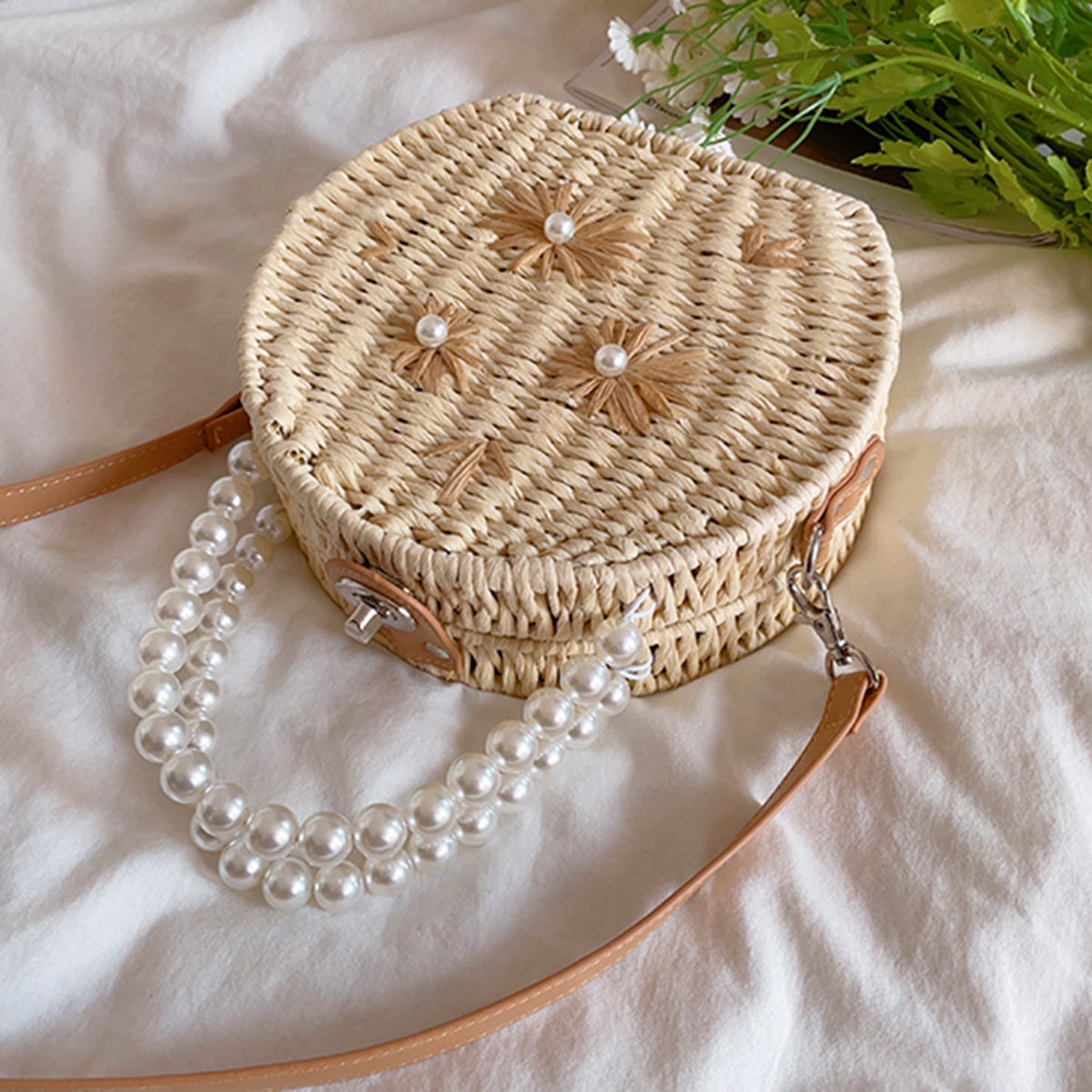 Embroidered Pearl  Straw Crossbody Bag-2yzshop